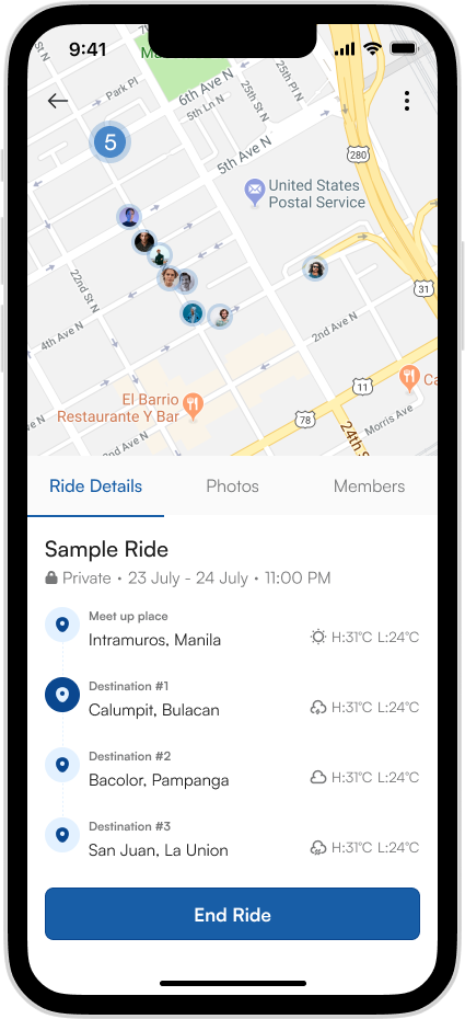 Riddr ride detail screen on a smartphone